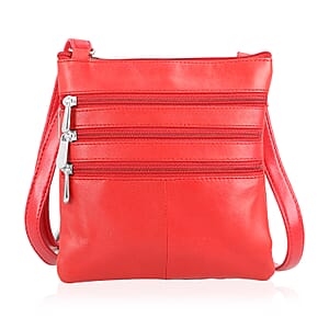 Tamsy Red Genuine Leather Crossbody Bag  with 3 Front Zippers 