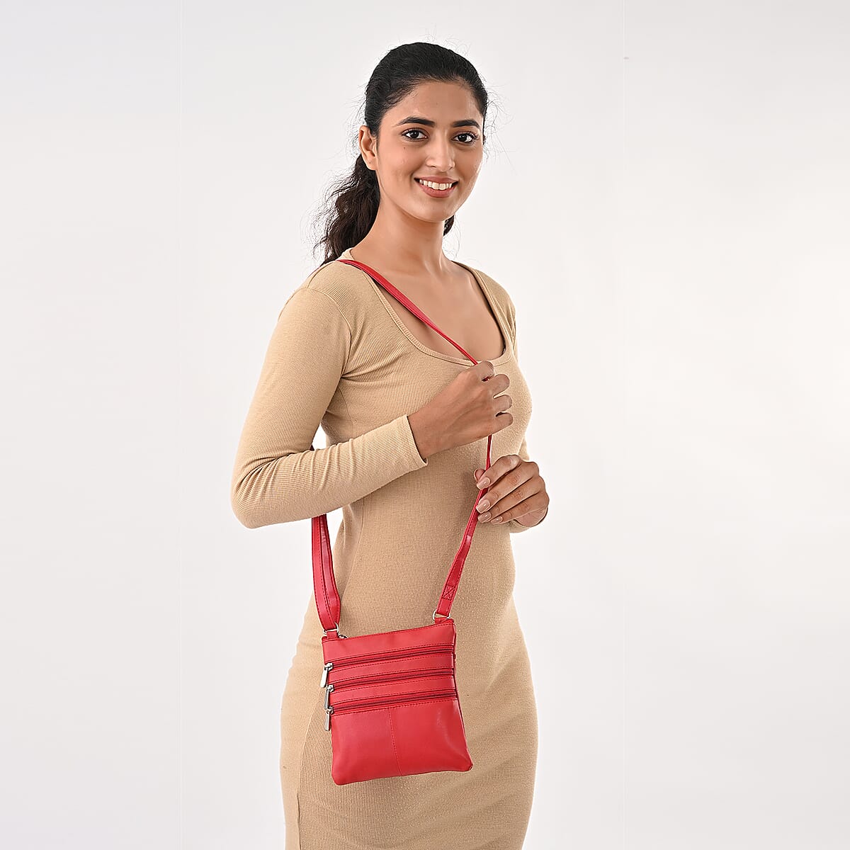 Tamsy Red Genuine Leather Crossbody Bag  with 3 Front Zippers  image number 1