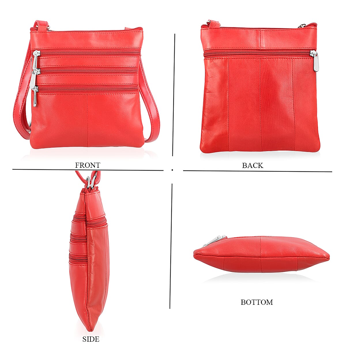 Tamsy Red Genuine Leather Crossbody Bag  with 3 Front Zippers  image number 4