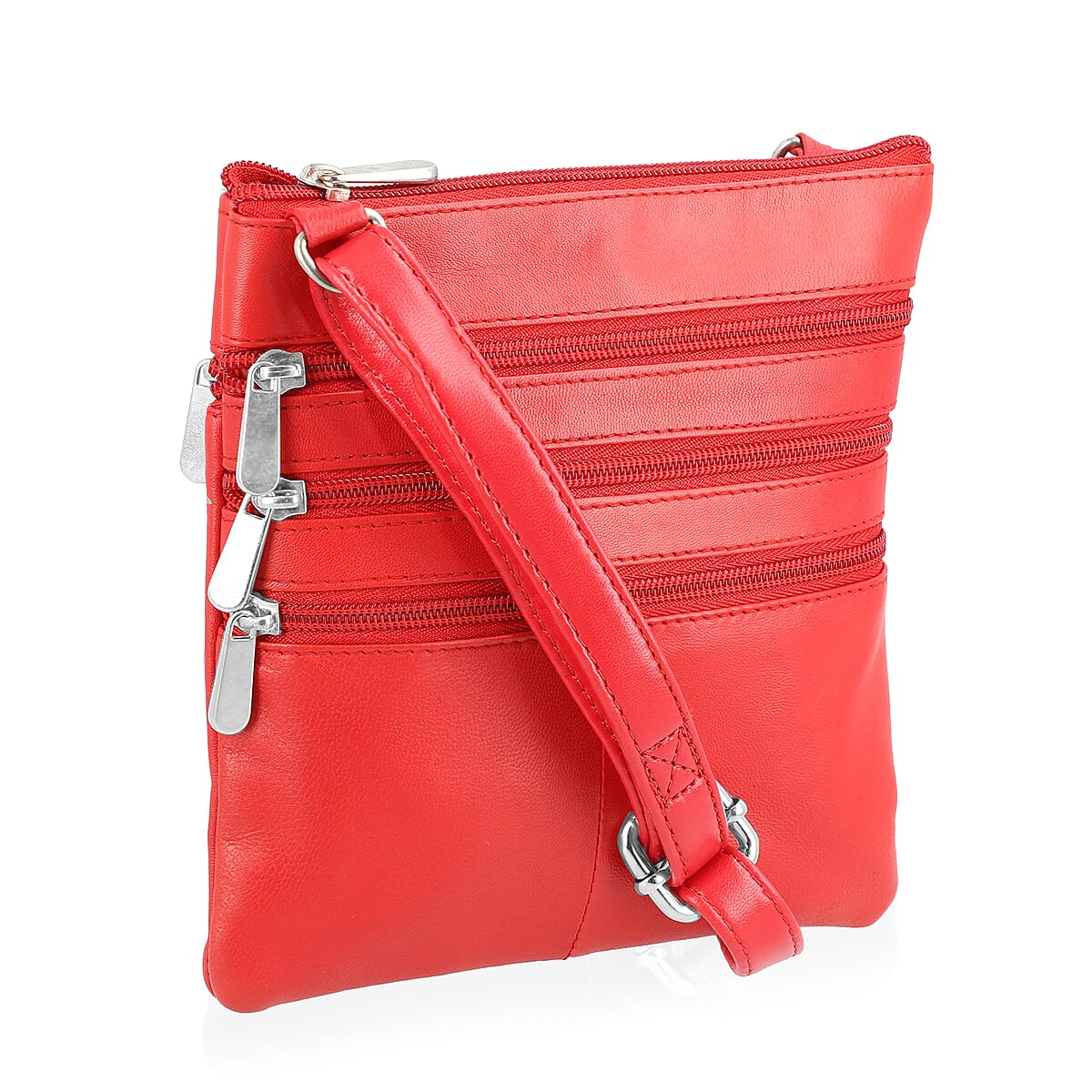 Tamsy Red Genuine Leather Crossbody Bag  with 3 Front Zippers  image number 7