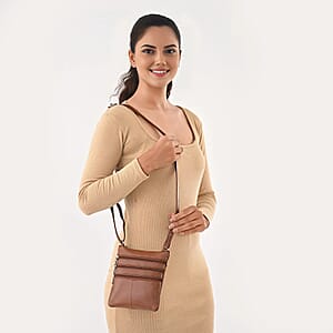 Tamsy Tan Genuine Leather Crossbody Bag  with 3 Front Zippers 