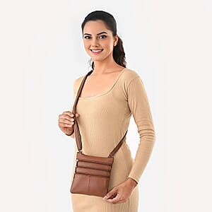 Tamsy Tan Genuine Leather Crossbody Bag  with 3 Front Zippers 