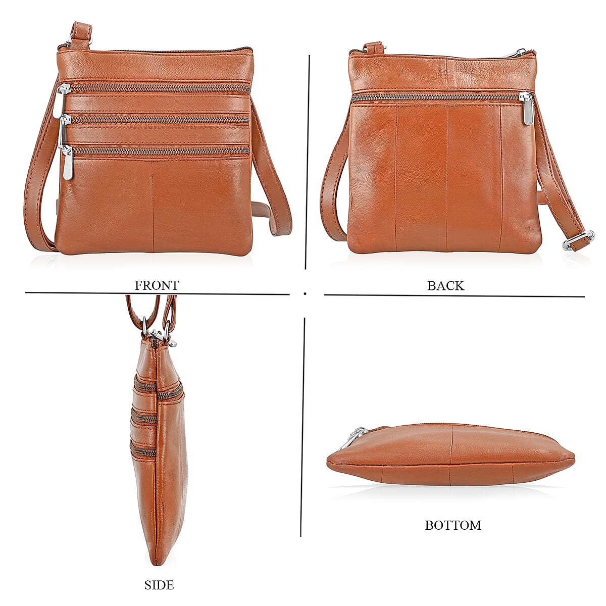 Tamsy Tan Genuine Leather Crossbody Bag  with 3 Front Zippers  image number 4