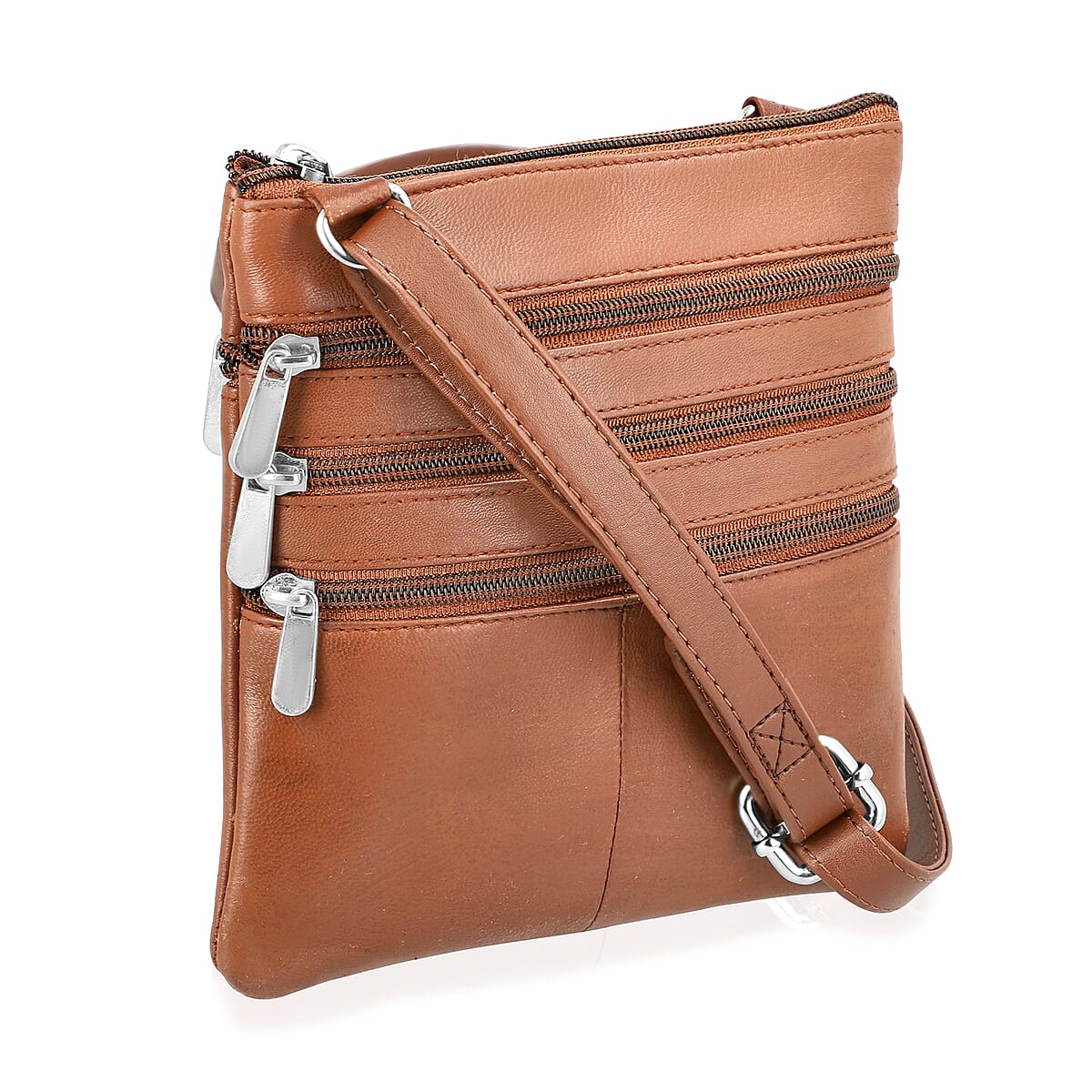 Tamsy Tan Genuine Leather Crossbody Bag  with 3 Front Zippers  image number 6