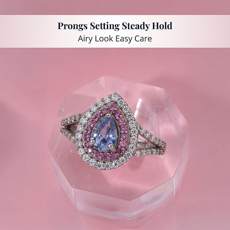 D'Joy Ceylon Blue Sapphire, Multi Gemstone Dewdrop Ring in Rhodium Over Sterling Silver 1.40 ctw (Size 10.0)