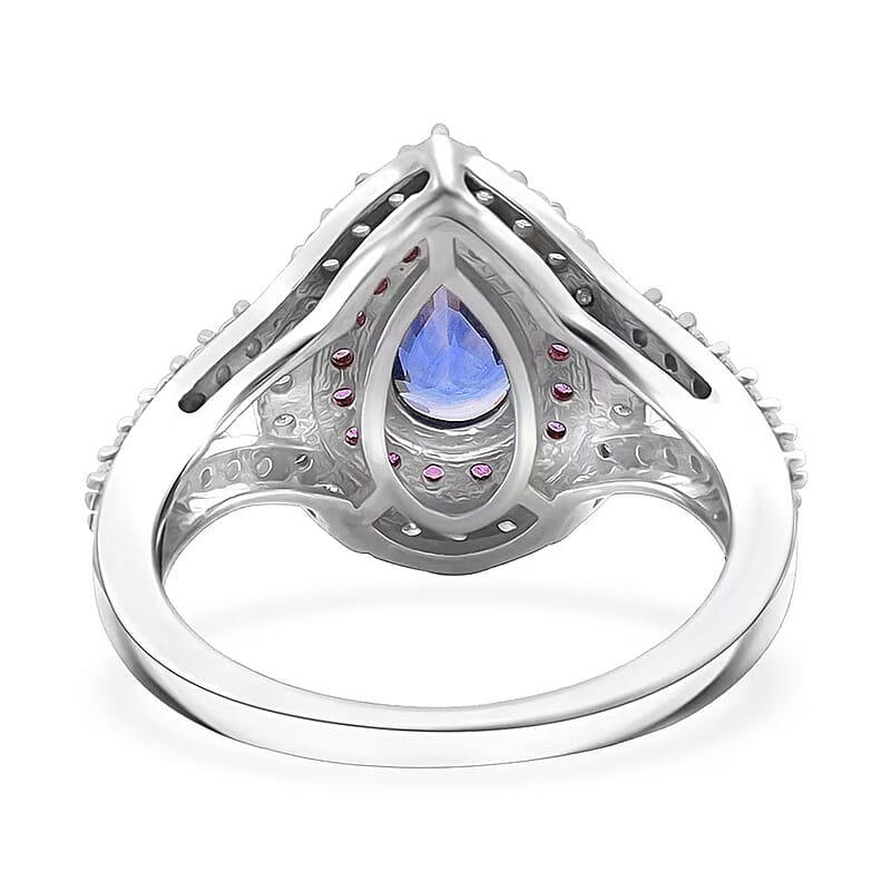 D'Joy Ceylon Blue Sapphire, Multi Gemstone Dewdrop Ring in Rhodium Over Sterling Silver 1.40 ctw (Size 10.0)