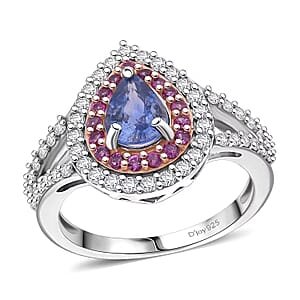 Premium Ceylon Blue Sapphire, Multi Gemstone Celestial Dewdrop Ring in Rhodium Over Sterling Silver (Size 11.0) 1.40 ctw