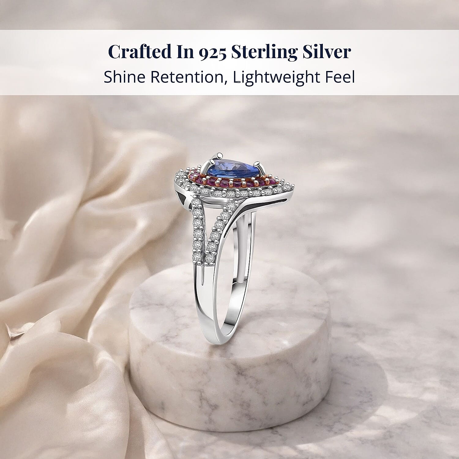 D'Joy Ceylon Blue Sapphire, Multi Gemstone Dewdrop Ring in Rhodium Over Sterling Silver 1.40 ctw (Size 11.0)