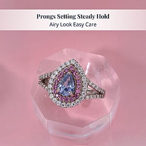 D'Joy Ceylon Blue Sapphire, Multi Gemstone Dewdrop Ring in Rhodium Over Sterling Silver 1.40 ctw (Size 11.0)