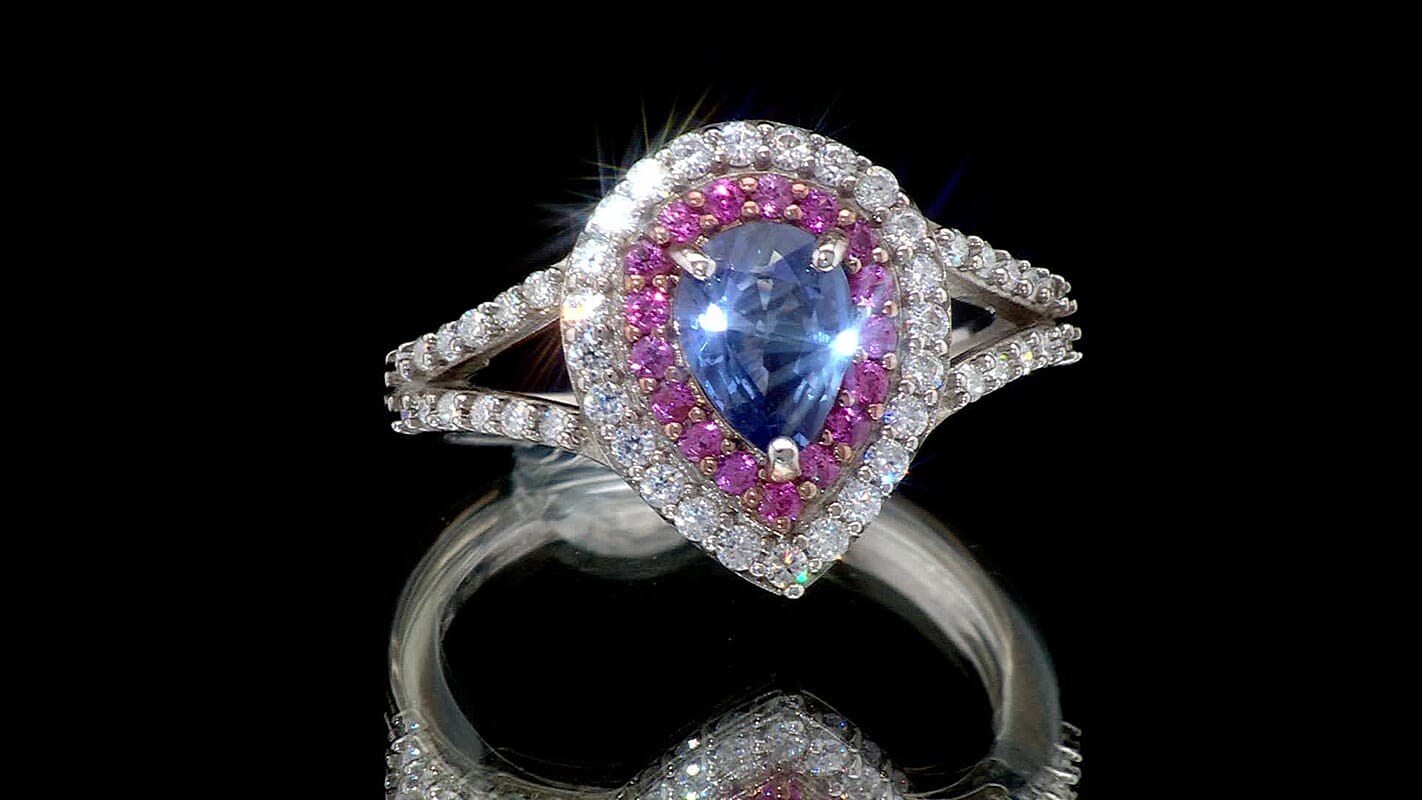 Premium Ceylon Blue Sapphire, Multi Gemstone Ring in RG and Rhodium Over Sterling Silver (Size 10.0) 1.40 ctw