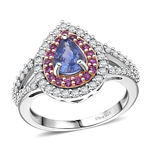D'Joy Premium Ceylon Blue Sapphire and Multi Gemstone 1.40 ctw Celestial Dewdrop Ring in Rhodium Over Sterling Silver (Size 7.0)