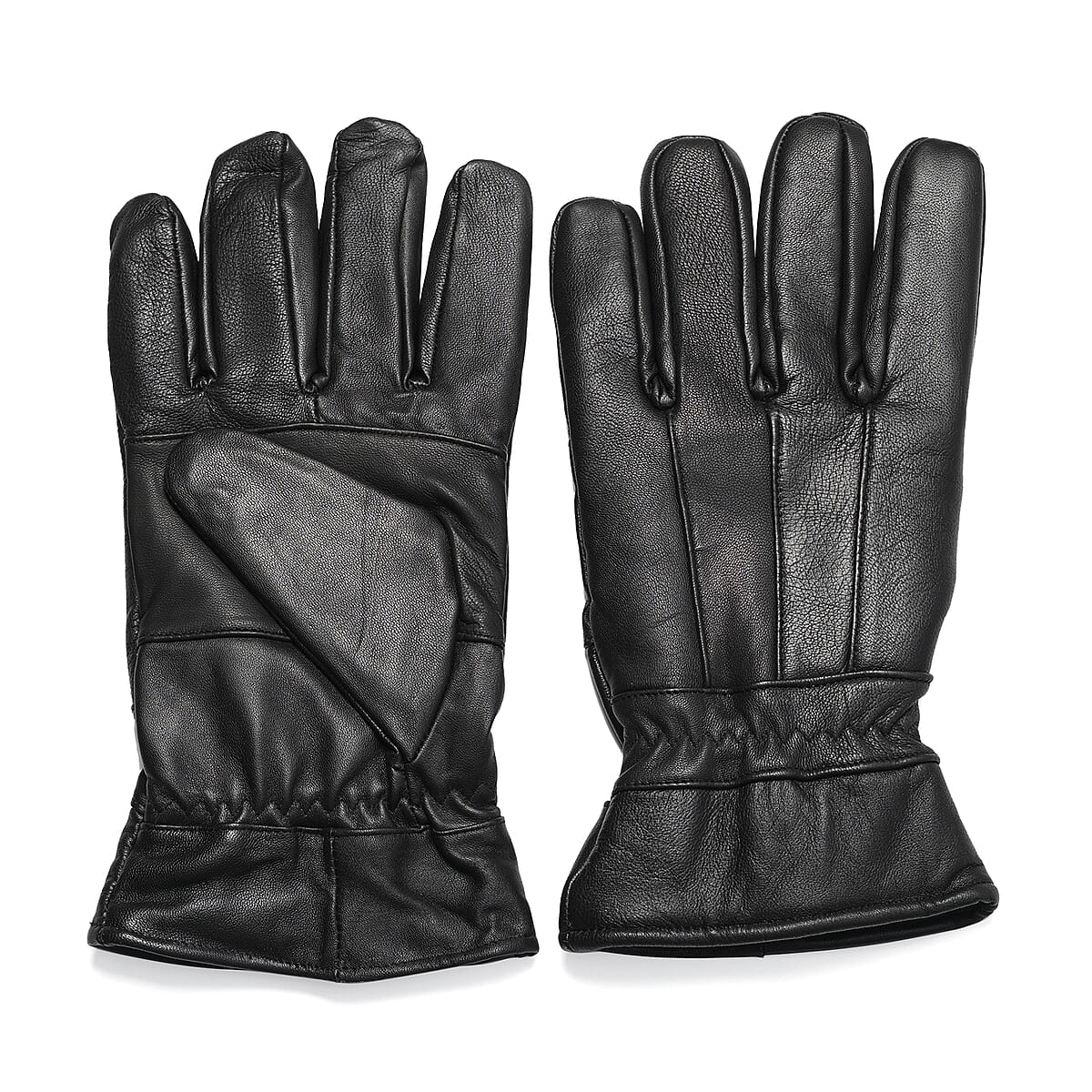 Black 100% Genuine Leather Gloves with Single Zigzag Stitch Shirred Elastic image number 0