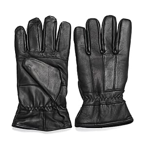 Black 100% Genuine Leather Gloves with Single Zigzag Stitch Shirred Elastic