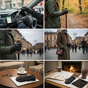 Black 100% Genuine Leather Gloves with Single Zigzag Stitch Shirred Elastic