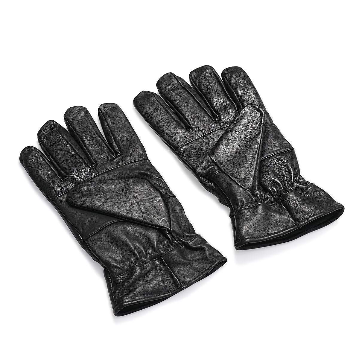 Black 100% Genuine Leather Gloves with Single Zigzag Stitch Shirred Elastic image number 2