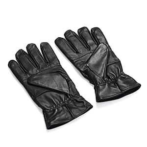 Black 100% Genuine Leather Gloves with Single Zigzag Stitch Shirred Elastic