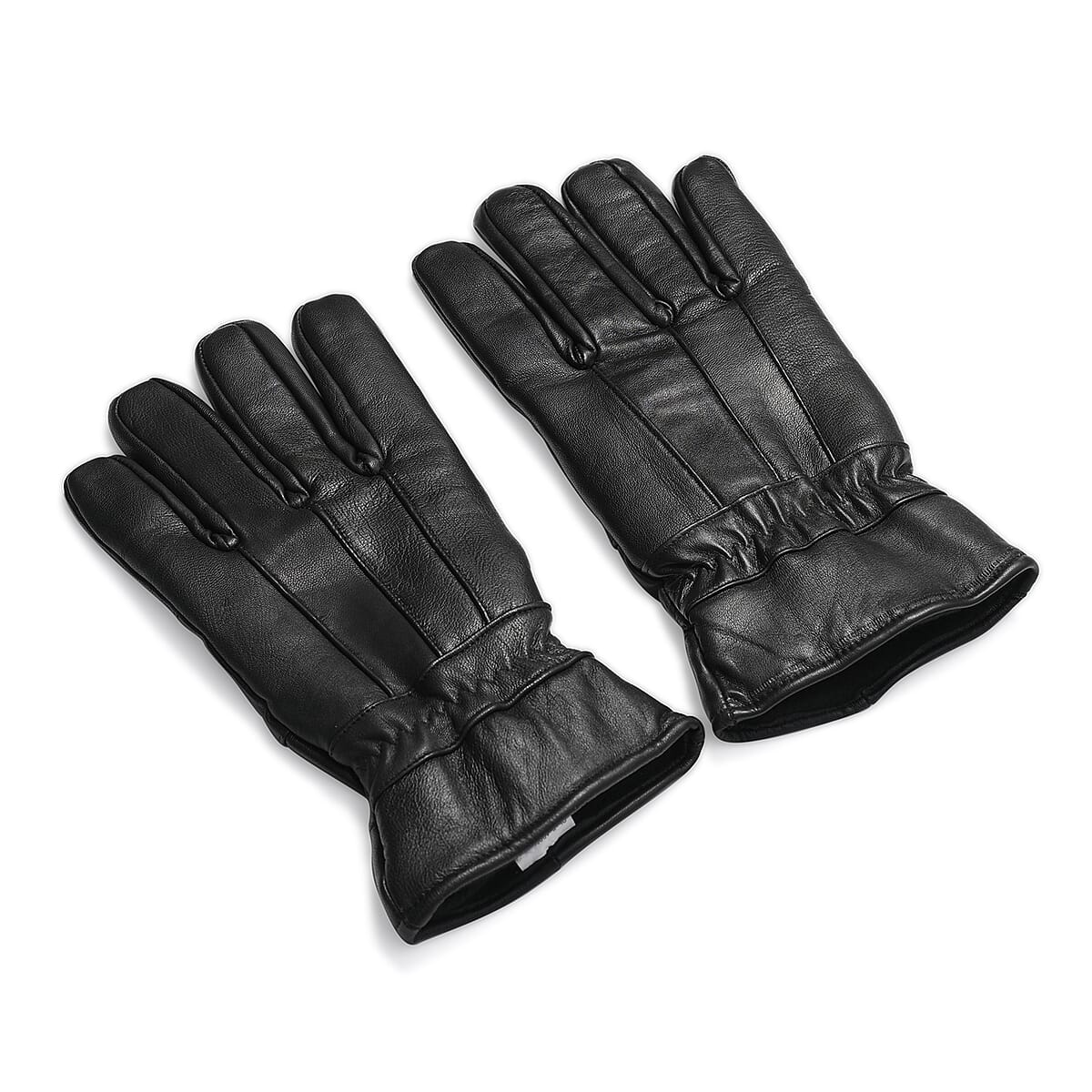 Black 100% Genuine Leather Gloves with Single Zigzag Stitch Shirred Elastic image number 3
