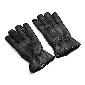 Black 100% Genuine Leather Gloves with Single Zigzag Stitch Shirred Elastic