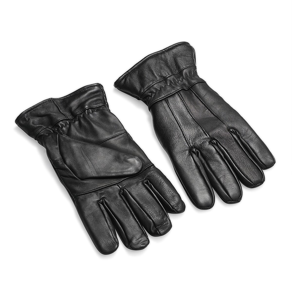 Black 100% Genuine Leather Gloves with Single Zigzag Stitch Shirred Elastic image number 4