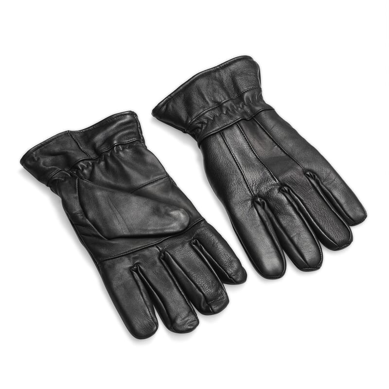 Black 100% Genuine Leather Gloves with Single Zigzag Stitch Shirred Elastic