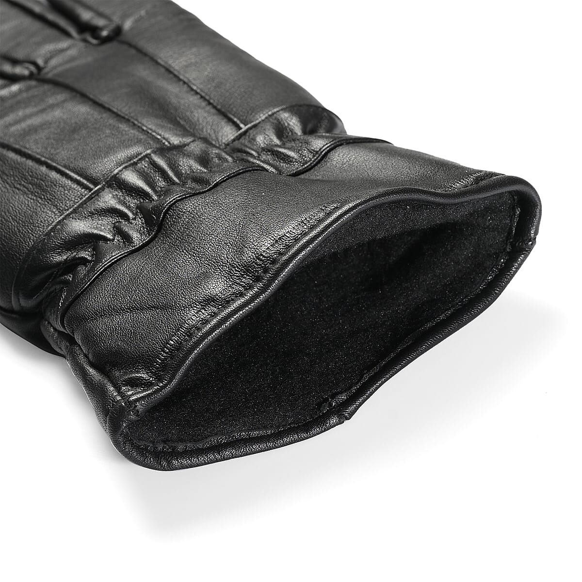 Black 100% Genuine Leather Gloves with Single Zigzag Stitch Shirred Elastic image number 5