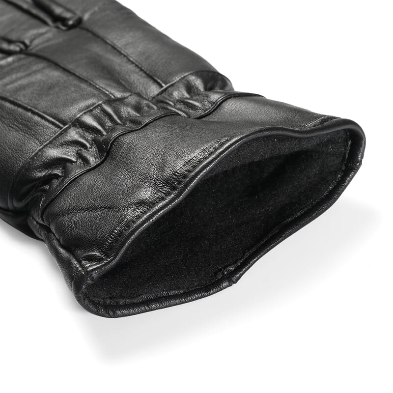 Black 100% Genuine Leather Gloves with Single Zigzag Stitch Shirred Elastic