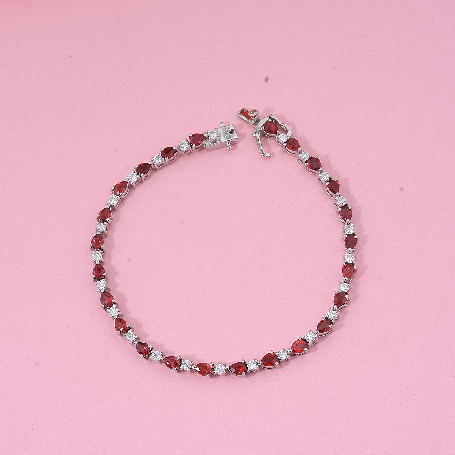 D'Joy Premium Songea Sapphire and Moissanite 5.90 ctw Crimson Elegance Bracelet in Rhodium Over Sterling Silver (7.25 In)