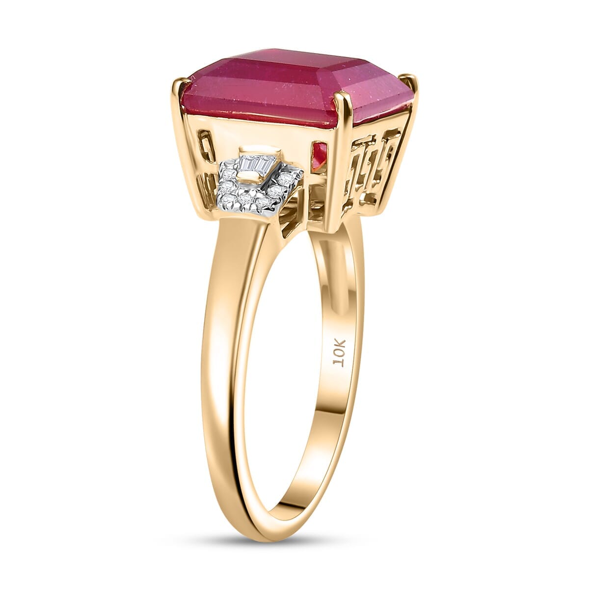 Luxoro AAA Asscher Cut Niassa Ruby FF and I2 Diamond 13.60 ctw Antique Greek Key Ring in 10K Yellow Gold (Size 5.5) image number 3