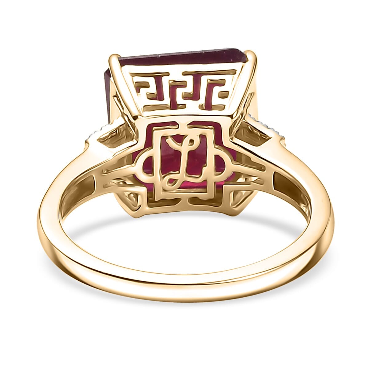 Luxoro AAA Asscher Cut Niassa Ruby FF and I2 Diamond 13.60 ctw Antique Greek Key Ring in 10K Yellow Gold (Size 5.5) image number 4