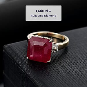 Luxoro AAA Asscher Cut Niassa Ruby FF and I2 Diamond 13.60 ctw Antique Greek Key Ring in 10K Yellow Gold (Size 9.5)