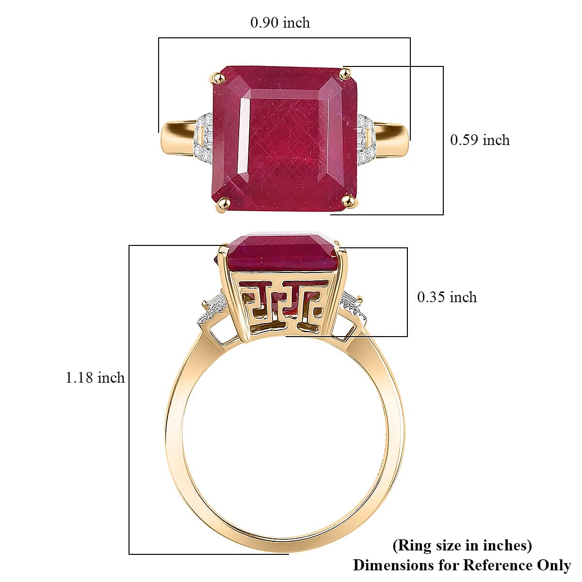 Luxoro AAA Asscher Cut Niassa Ruby FF and I2 Diamond 13.60 ctw Antique Greek Key Ring in 10K Yellow Gold (Size 10.5) image number 5