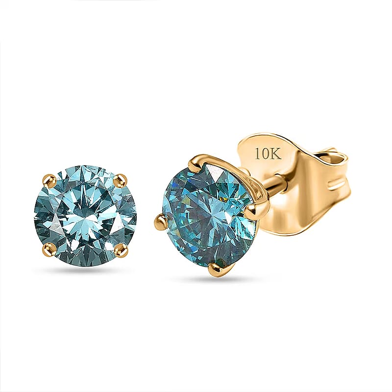 Luxuriant Lab Grown Blue Diamond (IR) VS 1.50 ctw Blue Moon Stud Earrings in 10K Yellow Gold