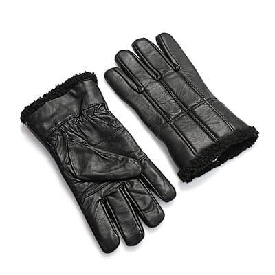 Tamsy Black 100% Genuine Leather Fur Lined Gloves