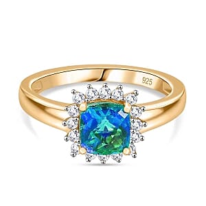 Peacock Triplet Quartz and White Zircon 1.42 ctw Ring in Vermeil Yellow Gold Over Sterling Silver (Size 10)