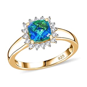 Peacock Triplet Quartz and White Zircon 1.42 ctw Ring in Vermeil Yellow Gold Over Sterling Silver (Size 10)