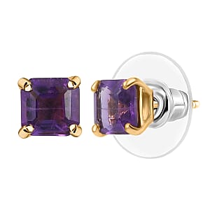D'Joy AAA African Amethyst 2.00 ctw Solitaire Stud Earrings in 18K Vermeil Yellow Gold Godl Over Sterling Silver