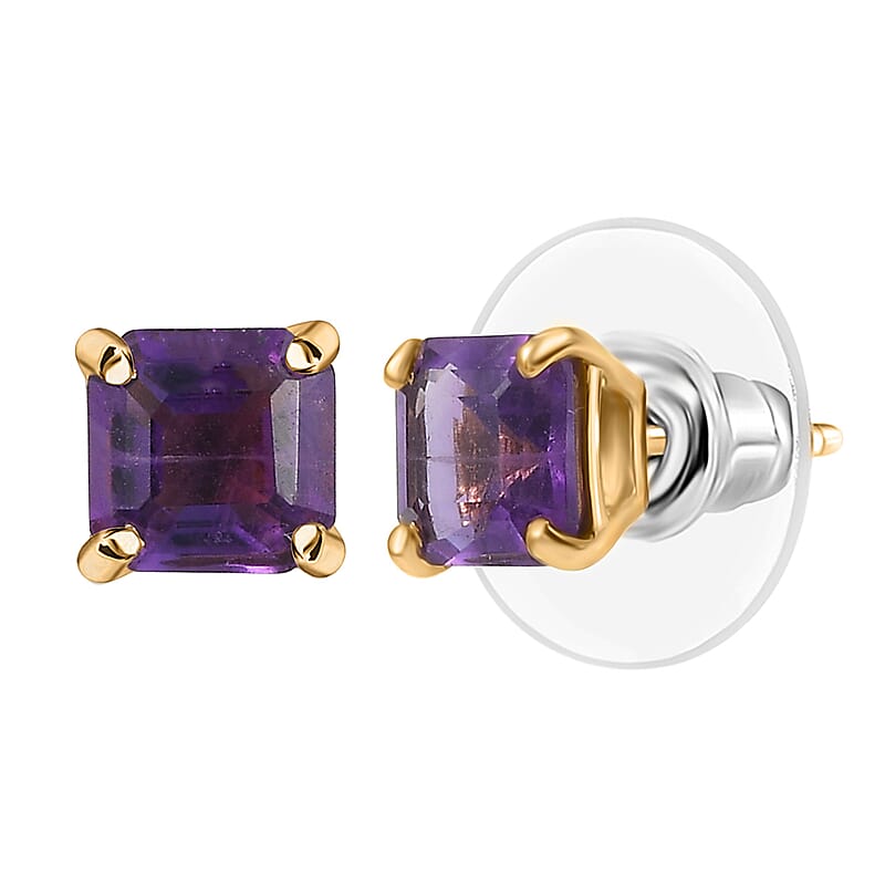 D'Joy AAA African Amethyst 2.00 ctw Solitaire Stud Earrings in 18K Vermeil Yellow Gold Godl Over Sterling Silver