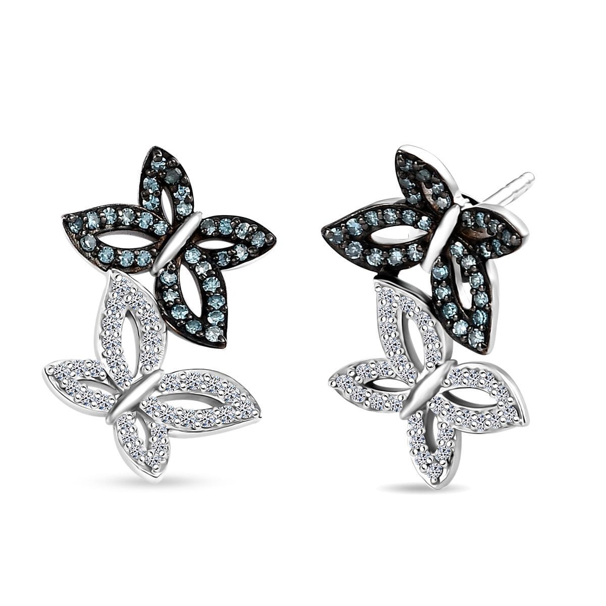 Luxuriant Lab Grown Blue Diamond (IR) and Lab Grown White Diamond SI 0.50 ctw Butterfly Stud Earrings in Rhodium Over Sterling Silver image number 0