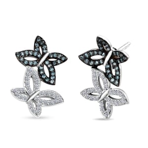 Luxuriant Lab Grown Blue and White Diamond SI 0.50 ctw Butterfly Stud Earrings in Rhodium Over Sterling Silver