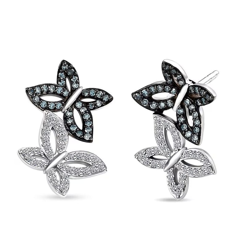 Luxuriant Lab Grown Blue Diamond (IR) and Lab Grown White Diamond SI 0.50 ctw Butterfly Stud Earrings in Rhodium Over Sterling Silver