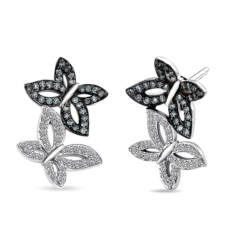 Luxuriant Lab Grown Blue Diamond (IR) and Lab Grown White Diamond SI 0.50 ctw Butterfly Stud Earrings in Rhodium Over Sterling Silver