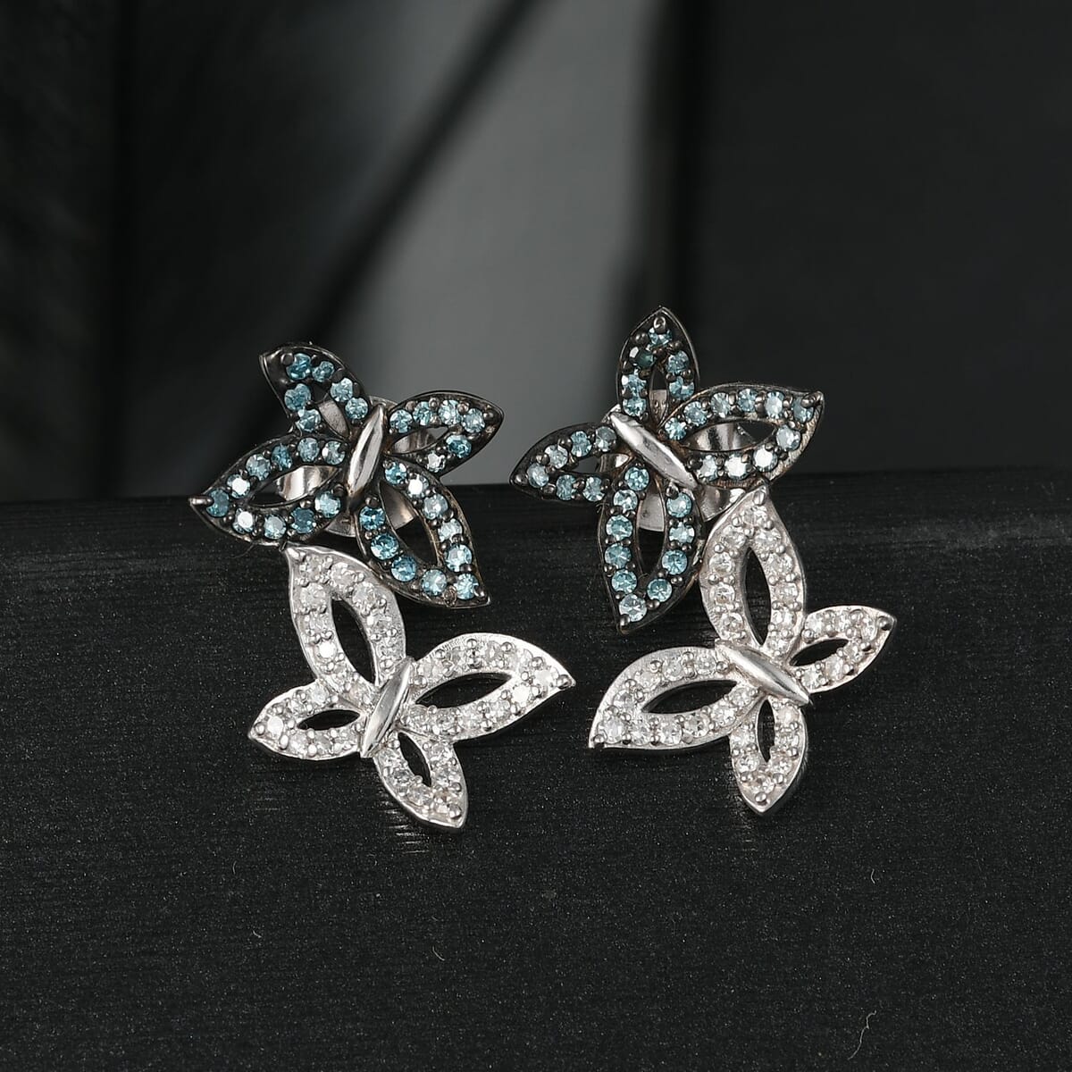Luxuriant Lab Grown Blue Diamond (IR) and Lab Grown White Diamond SI 0.50 ctw Butterfly Stud Earrings in Rhodium Over Sterling Silver image number 1