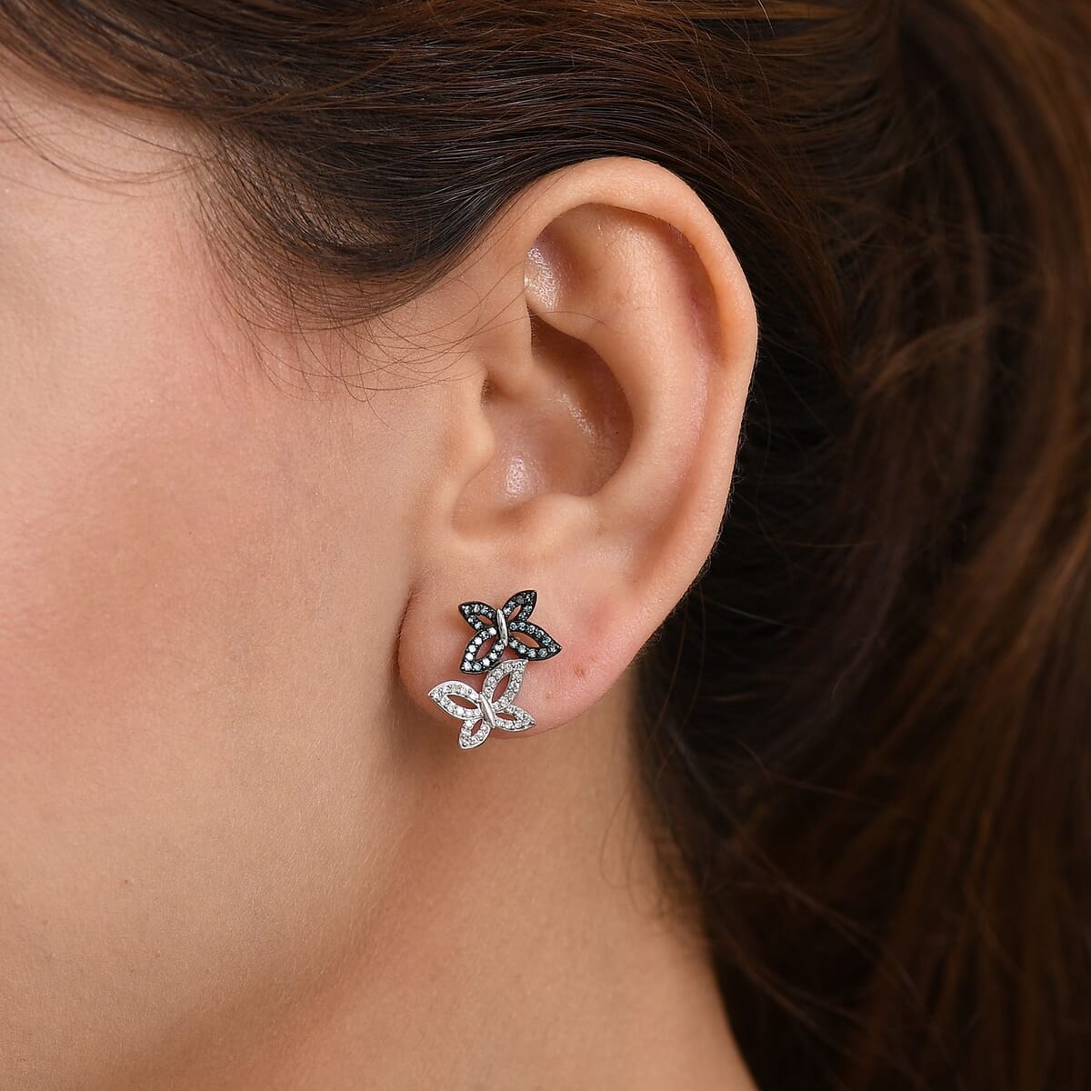 Luxuriant Lab Grown Blue Diamond (IR) and Lab Grown White Diamond SI 0.50 ctw Butterfly Stud Earrings in Rhodium Over Sterling Silver image number 2