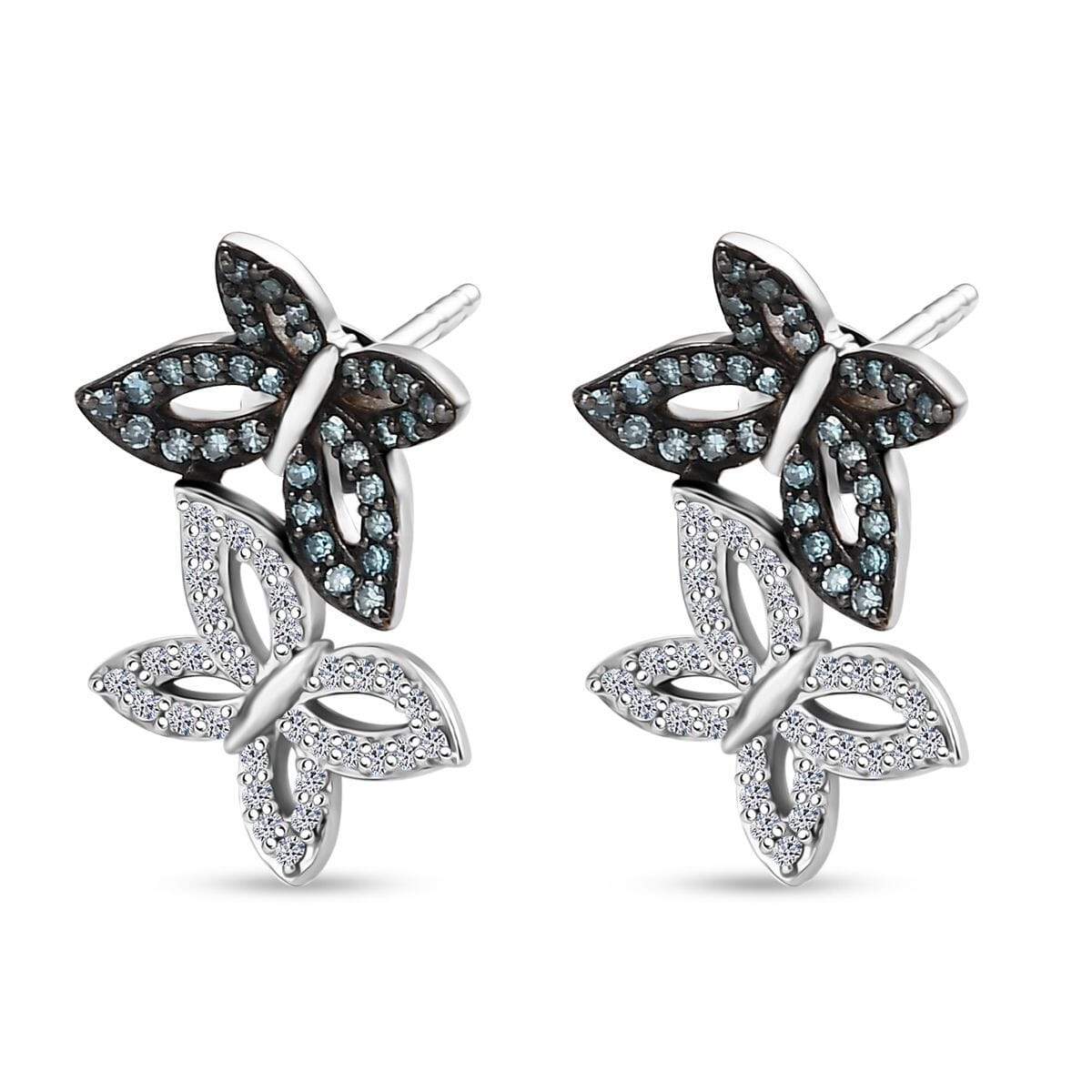 Luxuriant Lab Grown Blue Diamond (IR) and Lab Grown White Diamond SI 0.50 ctw Butterfly Stud Earrings in Rhodium Over Sterling Silver image number 3