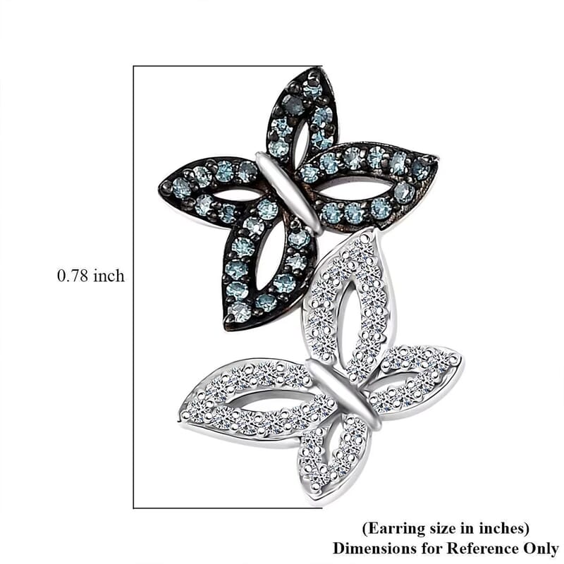 Luxuriant Lab Grown Blue Diamond (IR) and Lab Grown White Diamond SI 0.50 ctw Butterfly Stud Earrings in Rhodium Over Sterling Silver