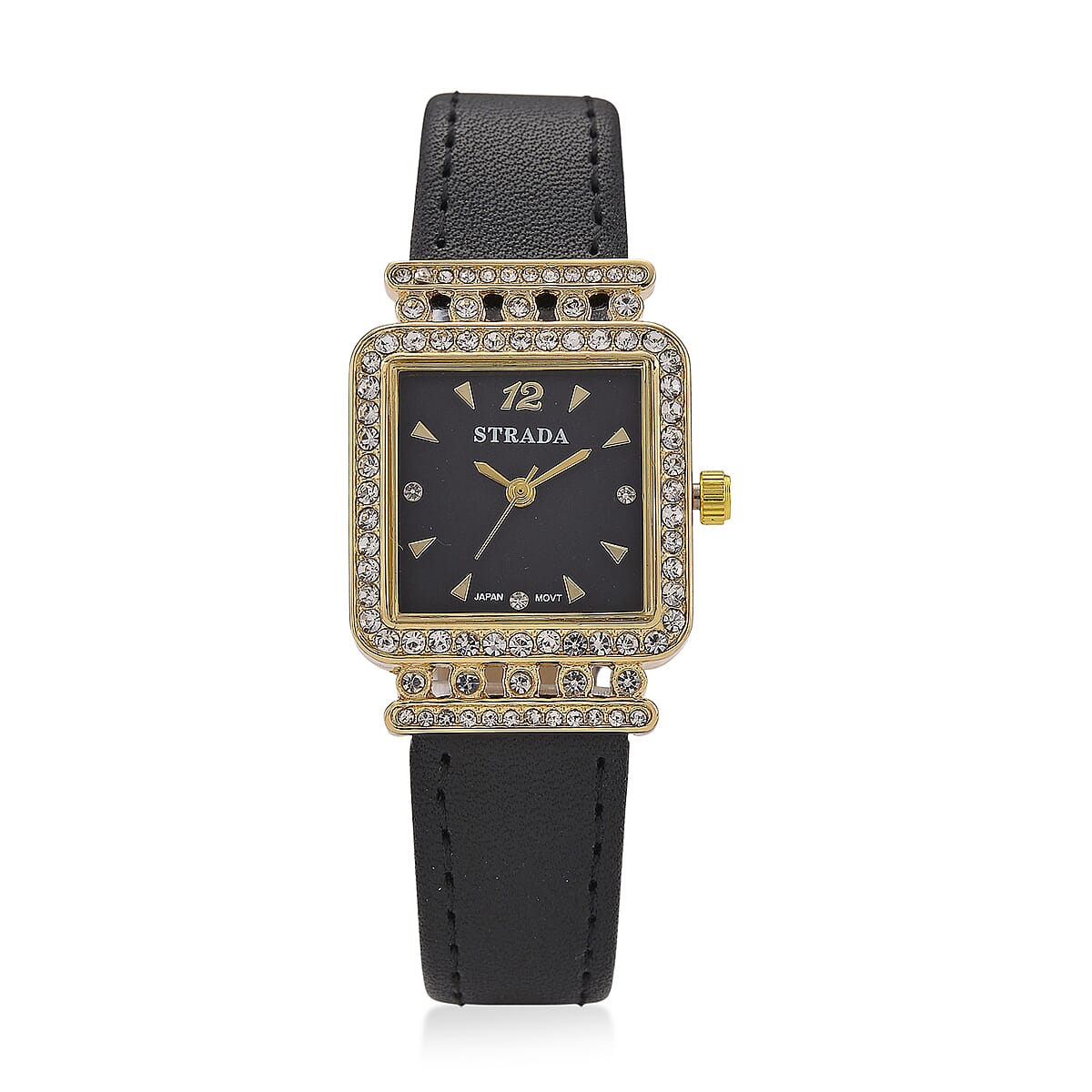 Strada Austrian Crystal Japanese Movement Watch with Black Faux Leather Strap image number 0