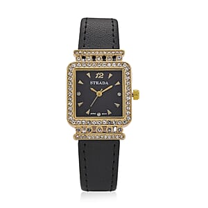 Strada Austrian Crystal Japanese Movement Watch with Black Faux Leather Strap