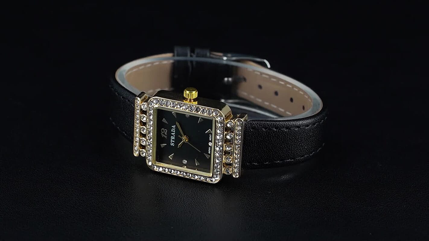 Strada Austrian Crystal Japanese Movement Watch with Black Faux Leather Strap