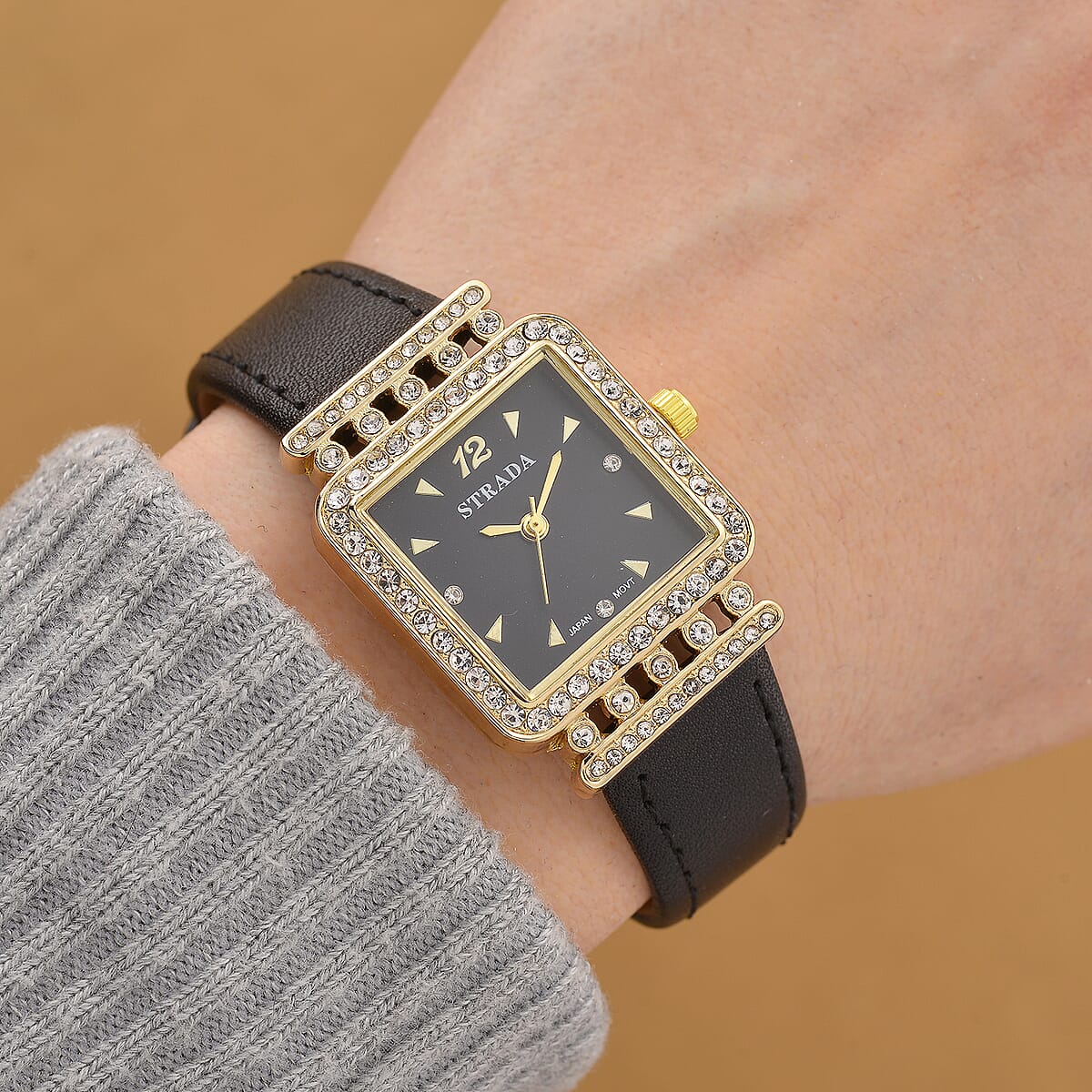 Strada Austrian Crystal Japanese Movement Watch with Black Faux Leather Strap image number 1