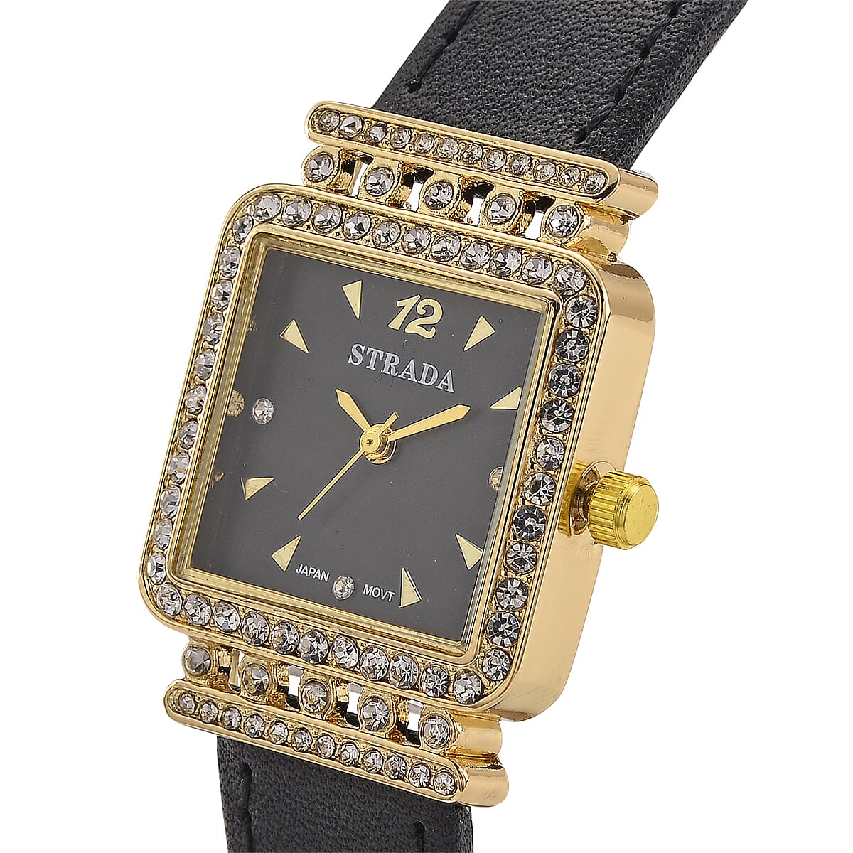 Strada Austrian Crystal Japanese Movement Watch with Black Faux Leather Strap image number 2